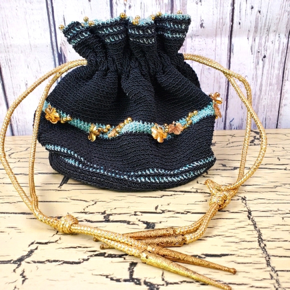 Vintage Woven Pull String Boho Purse Bag Satchel